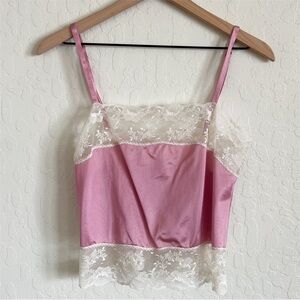 Vintage 70s Lily of France Lace Trim Cropped Camisole Tank Top Small Pink White